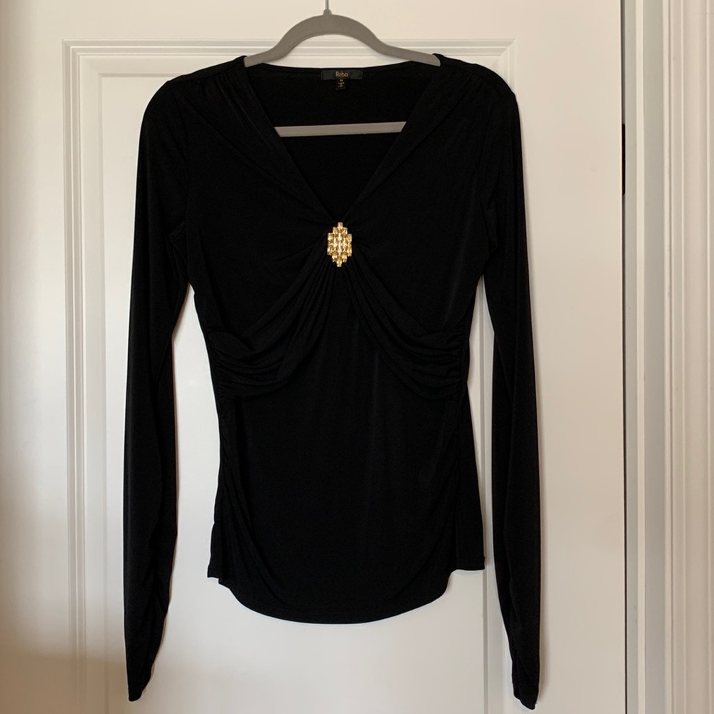 Black Reba Long Sleeve Shirt with Gold Brooch Pin Design size Medium